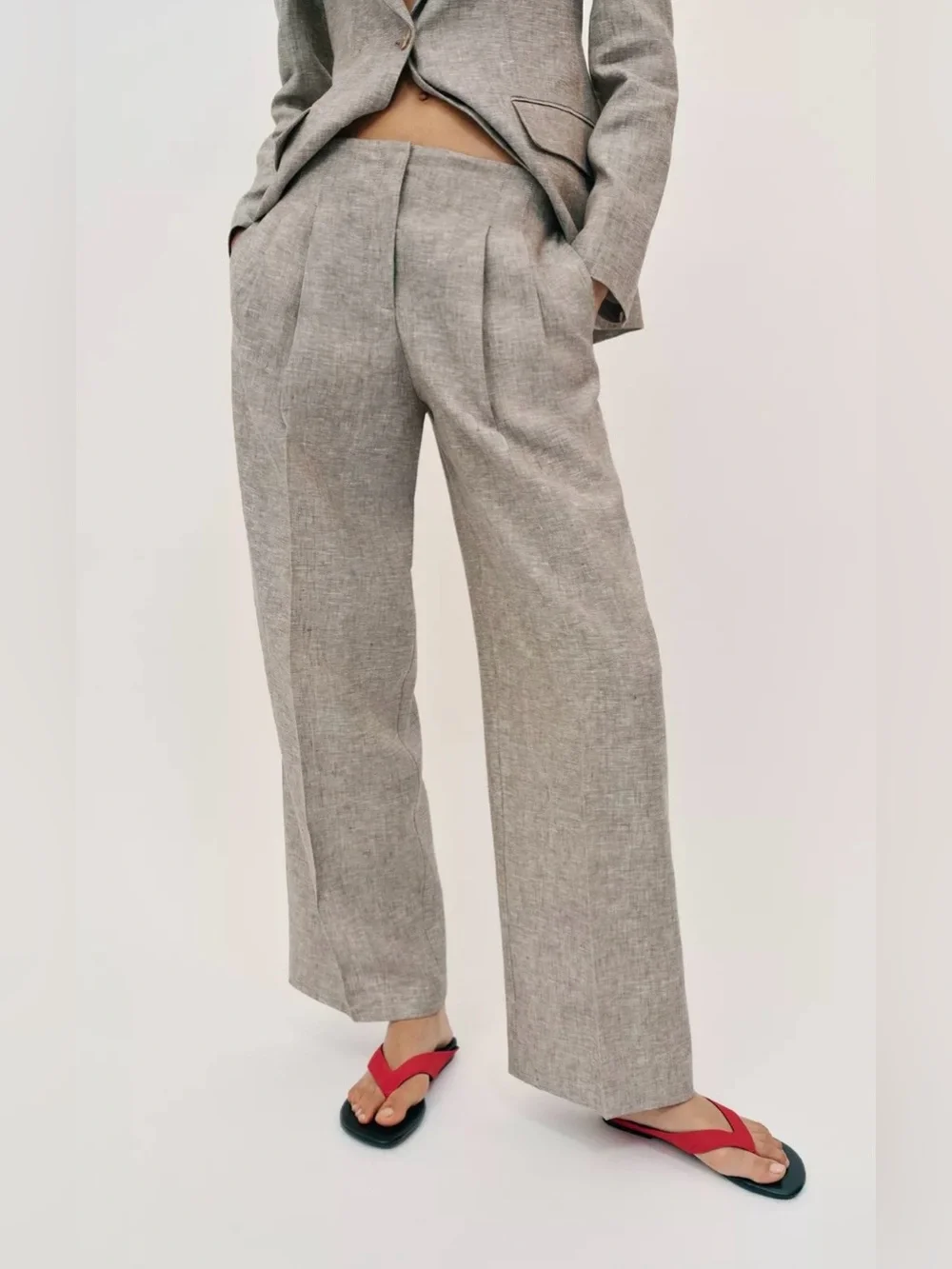 Zara NWT 100% Linen Straight Leg Wide Leg Pants High Rise Neutral Beige